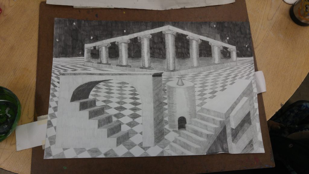 Grayscale drawing of various architecture on a checkered floor, including a staircase leading into an arch, a tower attached to a set of stairs, and a many-columned temple, with stars in the black sky