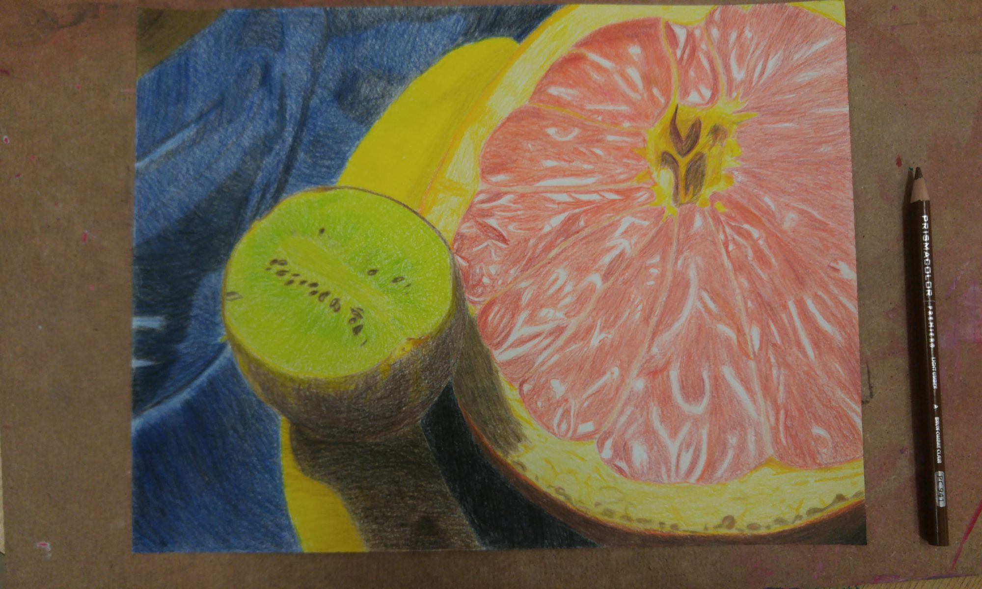 Drawing in colored pencil of a halved grapefruit, next to a yellow squash, with a halved kiwi on top, on a blue background