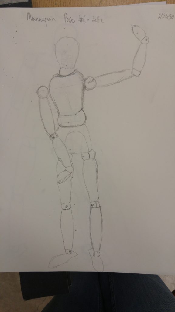 Pencil drawing of artist's mannequin posing as if taking a selfie