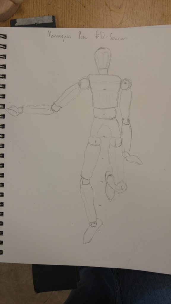 Pencil drawing of artist's mannequin posed as if playing soccer