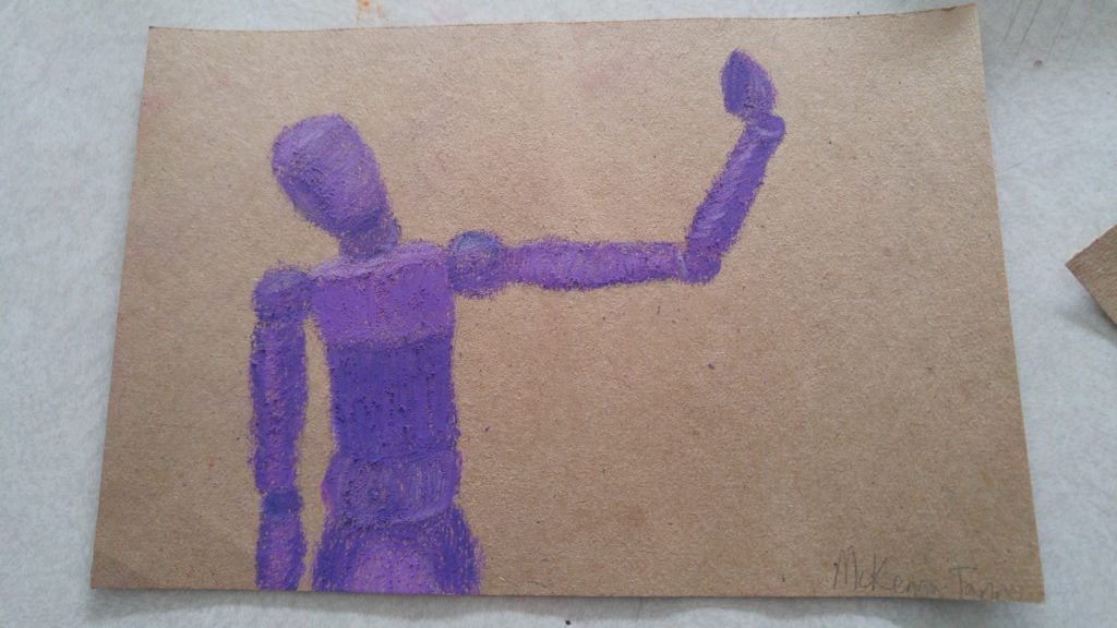 Drawing in purple oil pastel of artist's mannequin from the waist up holding hand up and looking at it