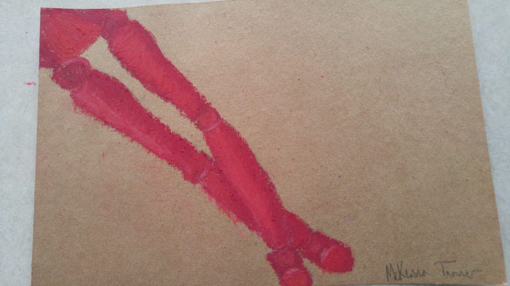 Drawing in red oil pastel of an artist's mannequin's crossed legs