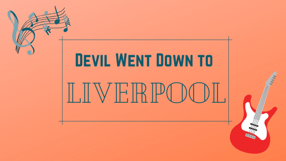 Graphic title card with "Devil Went Down To" in a block font and "Liverpool" in a stencil font. The background is peach, and there are music notes and a red electric guitar on it.